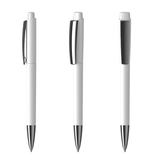 A set of white plastic pens with high gloss finish and chrome accents, featuring a sleek design and a clip.