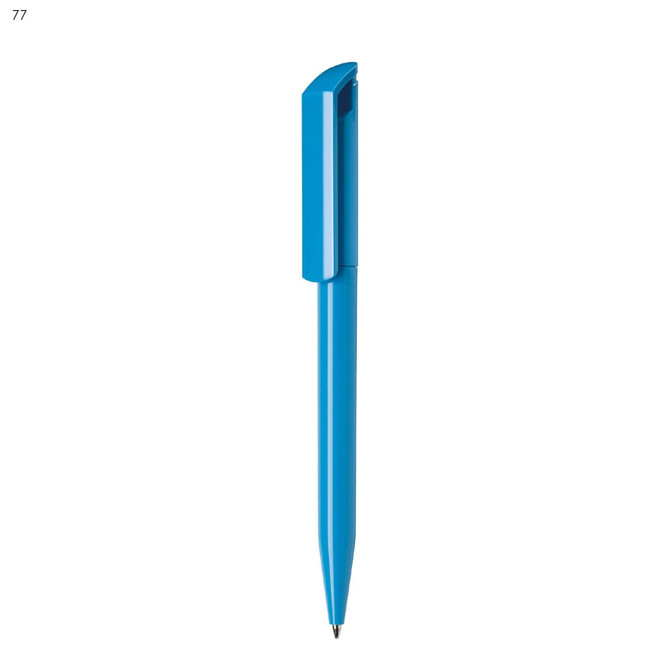 A blue plastic pen with a sleek design and a clip on the top. It features a logo.