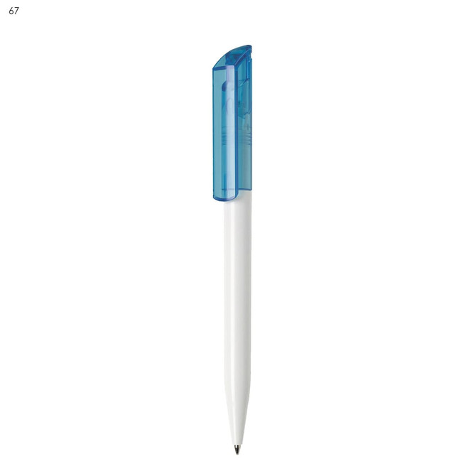A plastic pen with a white body and a translucent blue cap, featuring a logo.