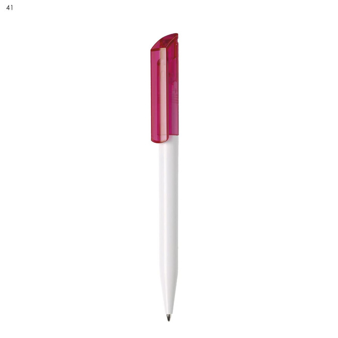 A plastic pen with a white body and a transparent pink cap. It features a logo on the side.