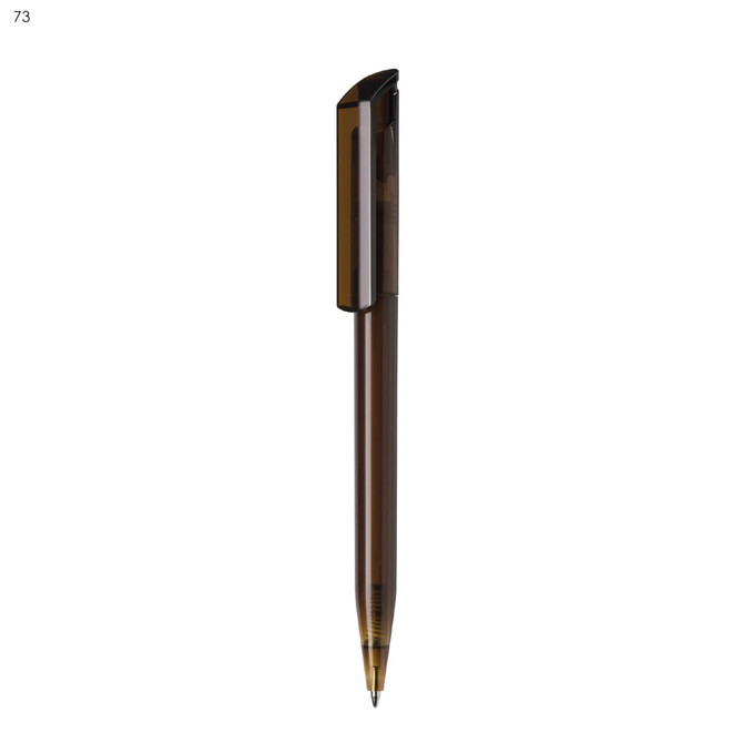 A plastic pen in a dark brown colour with a sleek design and a clip, featuring a logo on the barrel.