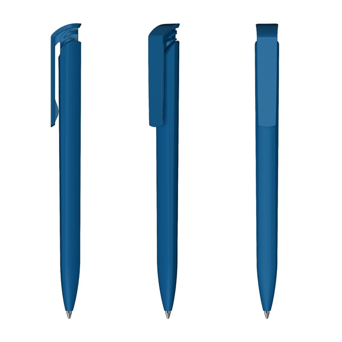 A blue plastic pen with a sleek design, featuring a clip and a high-gloss finish. It has branding on its body.