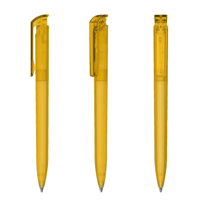 A set of transparent yellow plastic pens with a click mechanism and a pocket clip.