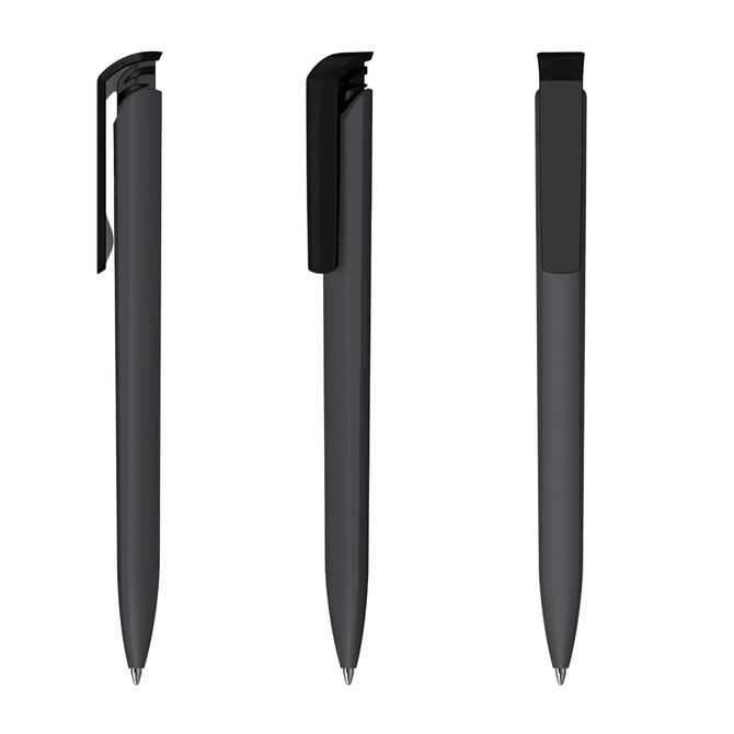 A set of three transparent plastic pens in black, showcasing different angles and features, including a clip and tapered end.