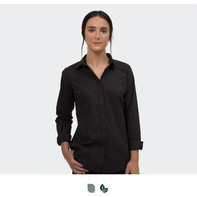 A black button-up shirt with a collar, featuring long sleeves and a fitted design. It has a logo.