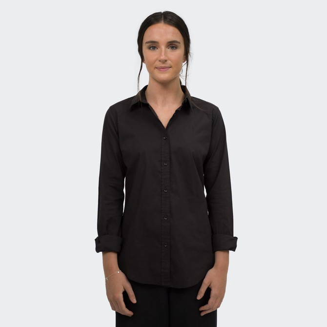 A black button-up shirt with long sleeves and a classic collar, featuring a branding logo.