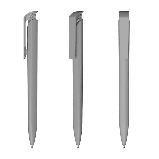 Three grey plastic pens showcasing different angles and a clip, featuring a minimalistic design.