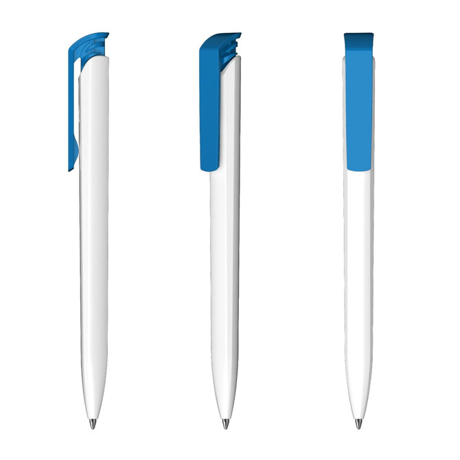 A white pen with a blue clip and tip, featuring a sleek design and an antibacterial element. The pen has a logo.