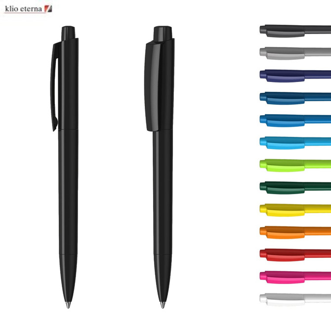 A set of plastic pens, primarily in black, alongside various coloured options like blue, green, and orange. The image includes a logo.