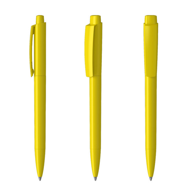A set of three yellow plastic pens featuring different styles and a branding logo.