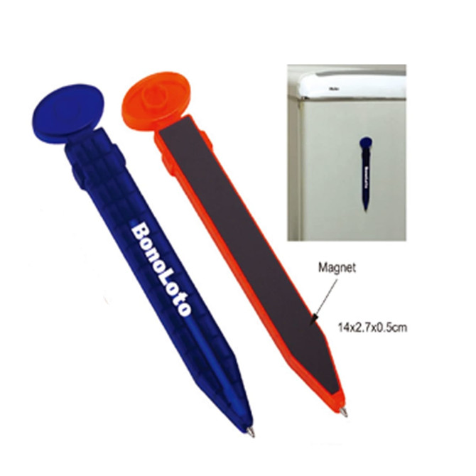A blue and orange ball pen with a magnet attached, featuring a logo and a flat, rectangular design.