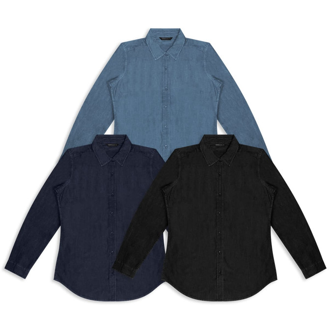 A collection of women's button-up denim shirts in dark blue, light blue, and black, featuring collars and long sleeves.