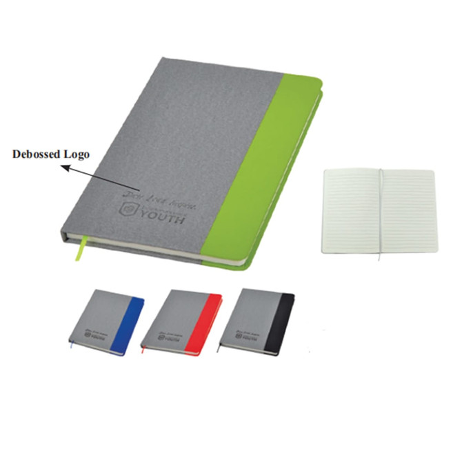 A PU notebook with a grey cover and green accent, available in blue, grey, black, and red options, featuring a debossed logo.