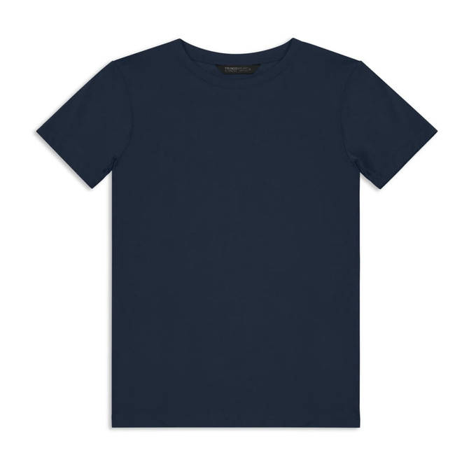 A navy blue youth T-shirt with short sleeves and a simple design, featuring a logo on the label.