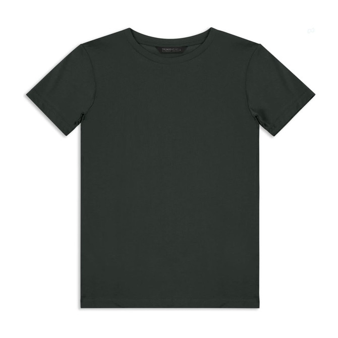 A dark green youth t-shirt with a simple design and a logo on the label. Short sleeves and a round neckline.