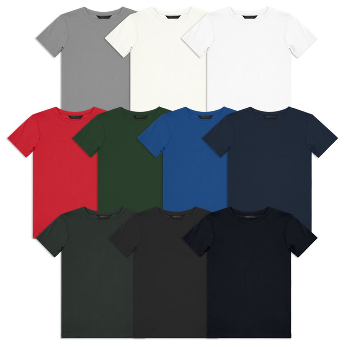A collection of youth t-shirts in grey, white, red, green, blue, and navy, featuring a logo on each shirt.