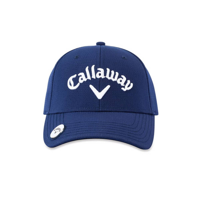 A navy cap with a logo and embroidered detailing on the front. Features a curved brim and adjustable back.