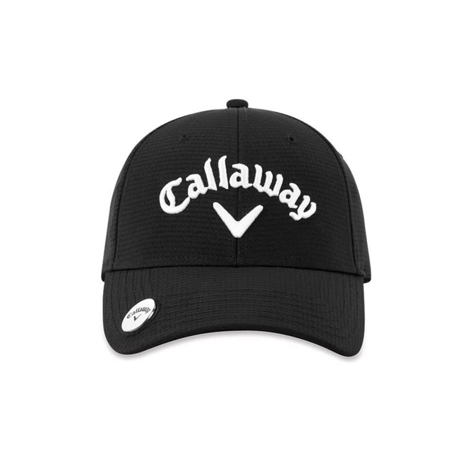 A black Callaway cap with a white embroidered logo and a small badge on the side.
