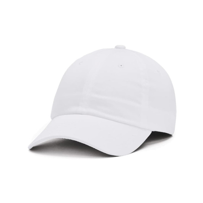 A white adjustable cap with a curved brim and ventilation holes, featuring a branding logo.