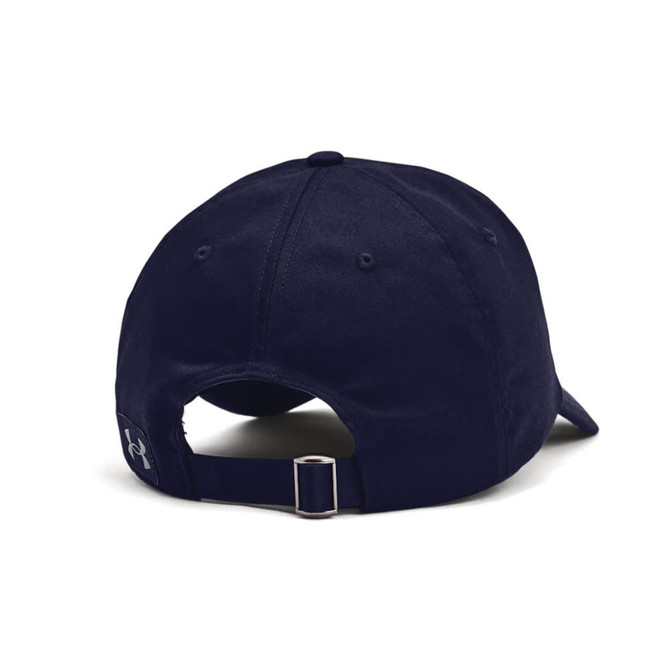 A navy adjustable cap featuring a rear buckle and logo. Ideal for casual wear and outdoor activities.
