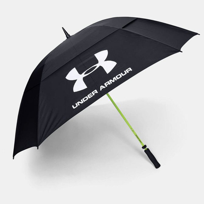 A black golf umbrella with a green handle, featuring a prominent logo. It has a large 68-inch canopy.