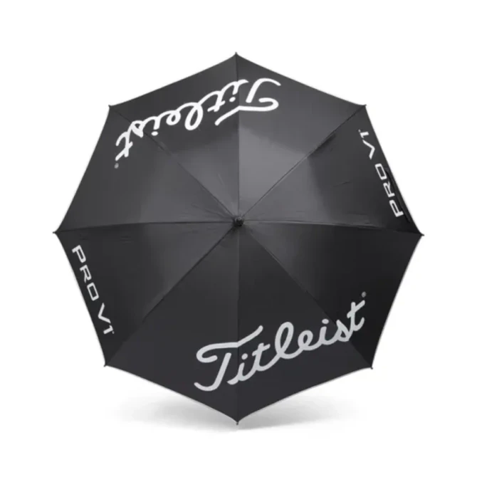 A black single canopy umbrella featuring a logo, ideal for leisure and outdoor use.