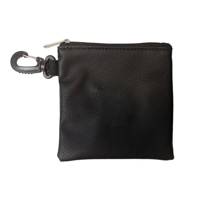 A black leather drawstring pouch with a clip, featuring a textured surface and a zip closure.