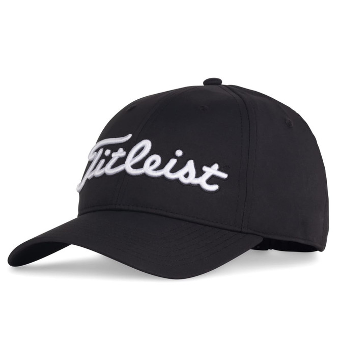 A black cap featuring an embroidered logo. It has a curved brim and adjustable back.