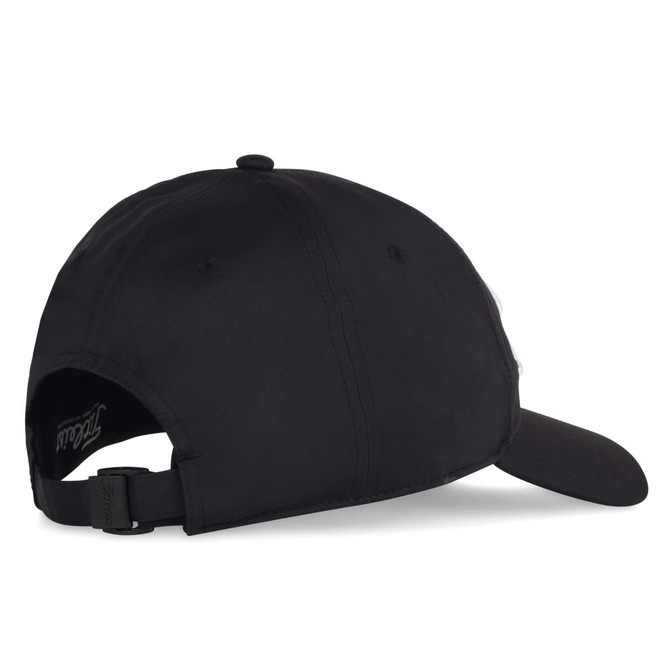 A black cap featuring a structured design and an adjustable strap at the back, with a logo present.