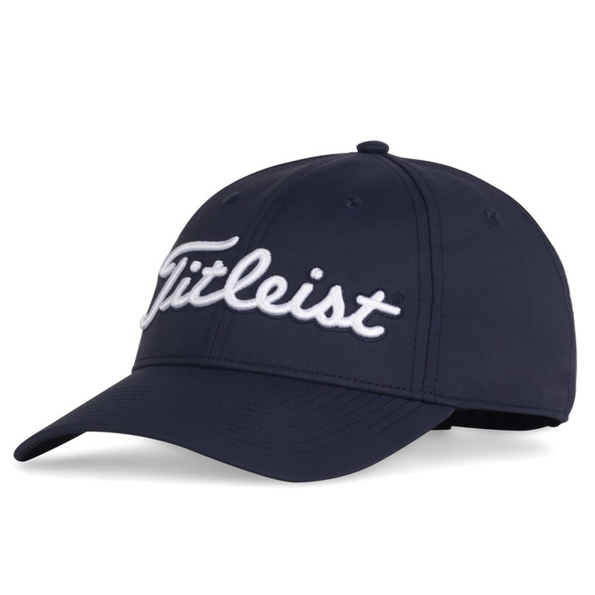 A navy cap with a white embroidered logo, featuring a curved brim and adjustable back.