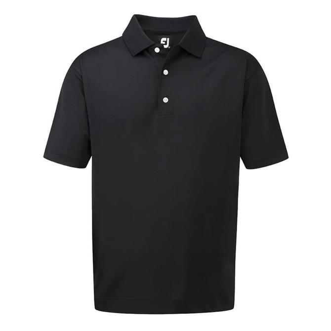 A black men's polo shirt with a collar and three buttons, featuring a logo on the upper left.