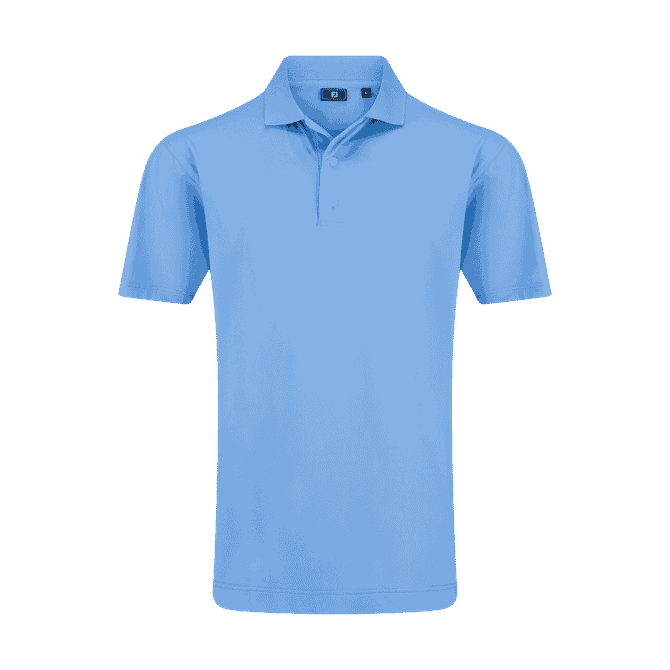 A blue men's polo shirt featuring a classic collar and short sleeves, with a logo on the chest.
