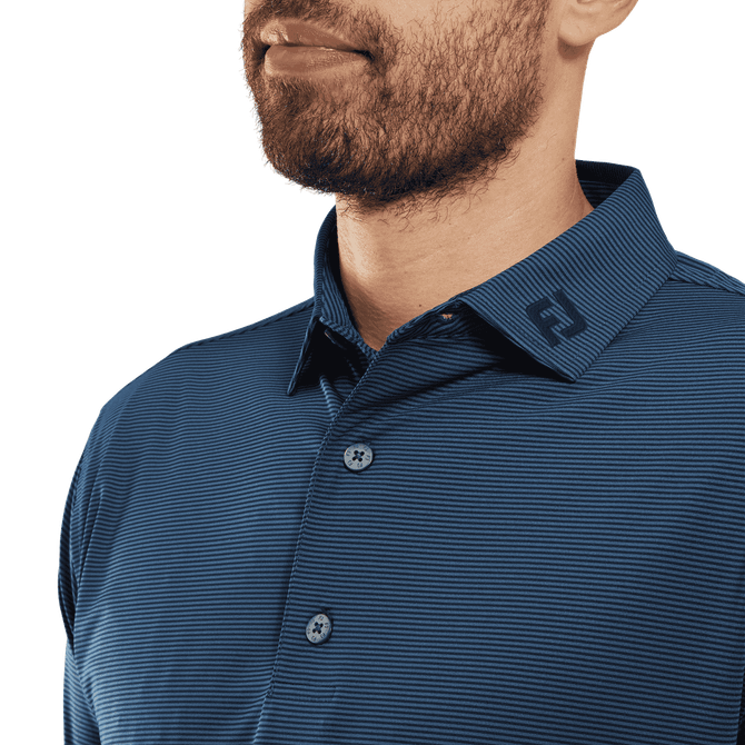 A men's blue striped polo shirt with a collar and a logo on the collar.