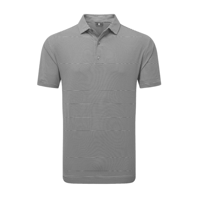 A men's grey polo shirt with a striped pattern and a collar, featuring a logo on the chest.