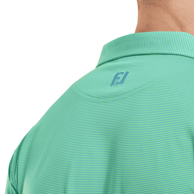 A green men's polo shirt featuring micro feeder stripe patterns and a logo on the collar.