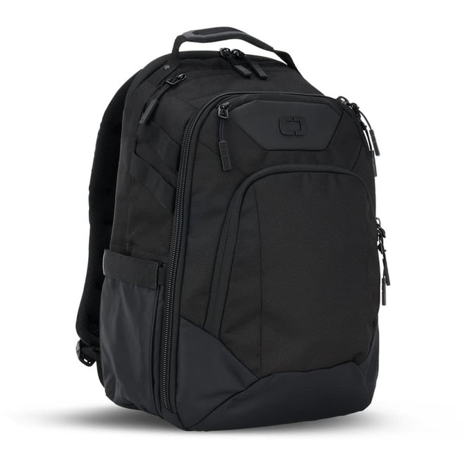 A black OGIO Gambit DNA Backpack featuring multiple compartments and a sleek design with a branding logo.