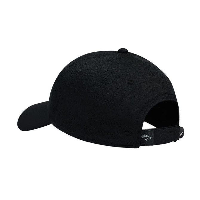 A black cap featuring a logo, designed with a curved brim and adjustable strap at the back.