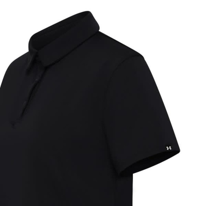 A women’s black polo shirt with a collar and short sleeves, featuring a logo on the side.