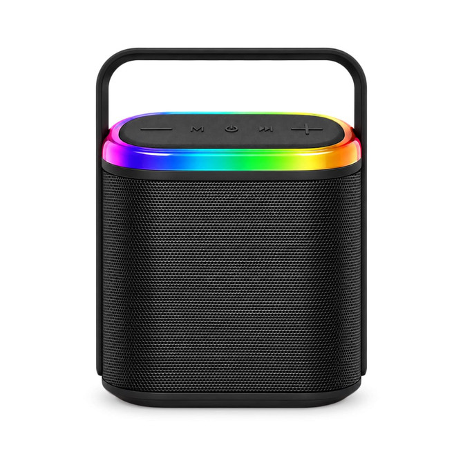 A black Bluetooth speaker with a colourful LED light strip on top and a handle for portability.