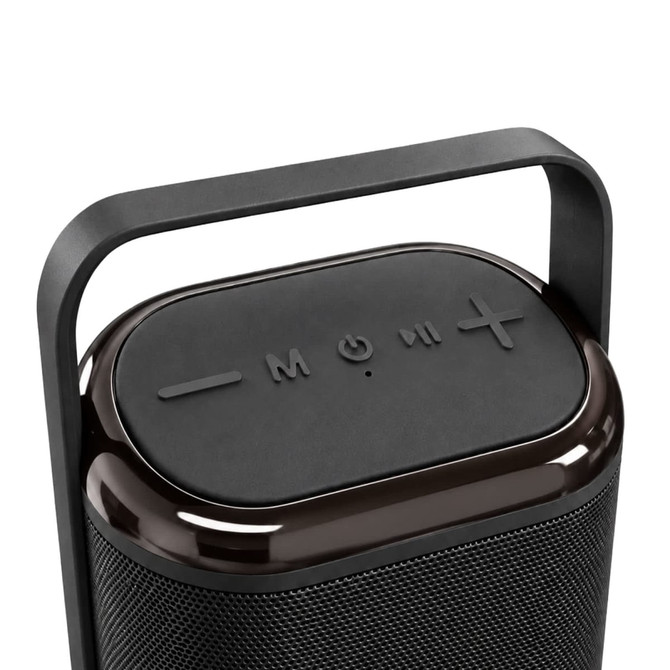 A Bluetooth speaker in black with a sleek design and a handle, featuring control buttons on the top.