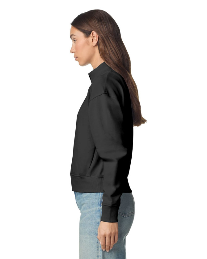 A black full-zip women's jacket made from French terry, featuring a fitted silhouette and high collar.