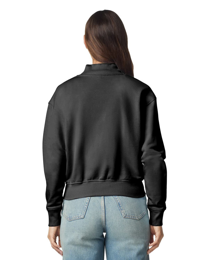 A black women's full-zip jacket made of French terry fabric, featuring a logo.