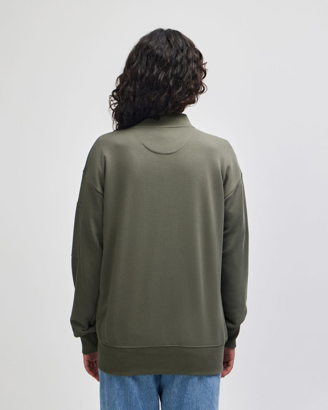 An olive green unisex bomber jacket featuring a relaxed fit and ribbed cuffs, viewed from the back.
