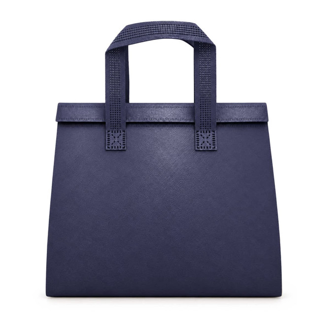 A navy cooler bag with two textured handles and a structured design. It features a logo on the front.