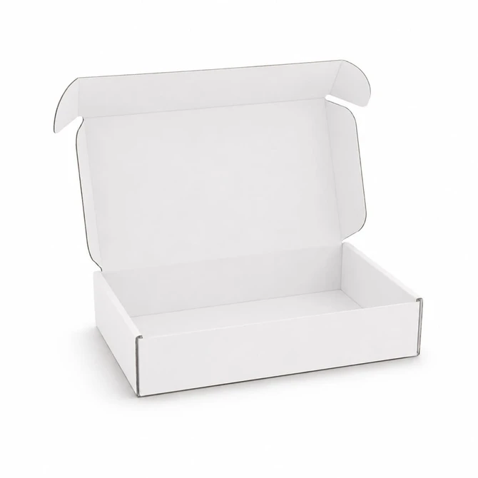 A white custom box with a locking lid, measuring 290 x 175 x 60mm, displayed in an open position.