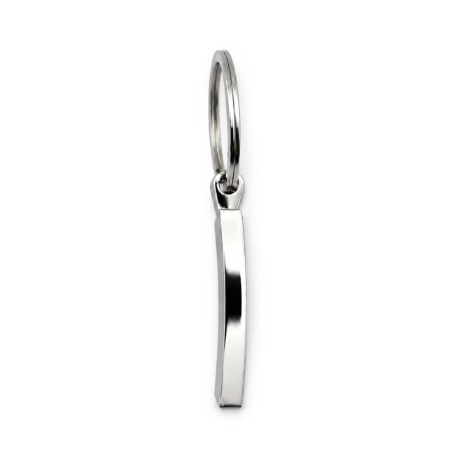 A silver keytag with a sleek, polished design, featuring a keyring for attachment.