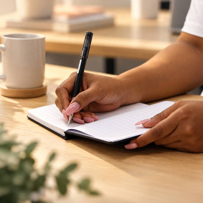 A hand with long nails writes in a black FSC notebook on a wooden desk, with a cup and plant in the background.