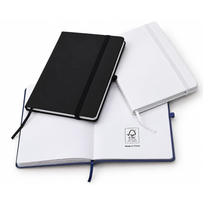 Three FSC notebooks in black, white, and navy, with a logo on the inside page and elastic closures.