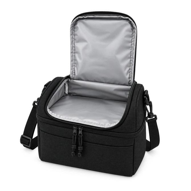 A black cooler bag with a silver interior, featuring a zippered top and adjustable shoulder strap.