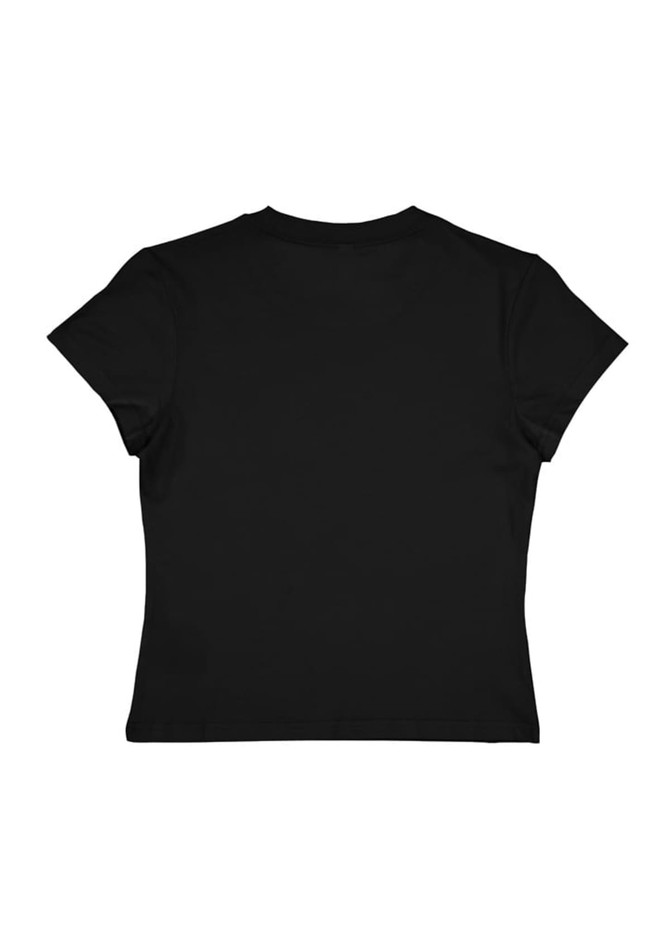 A black women's baby tee with a fitted silhouette and short sleeves, featuring a plain back.